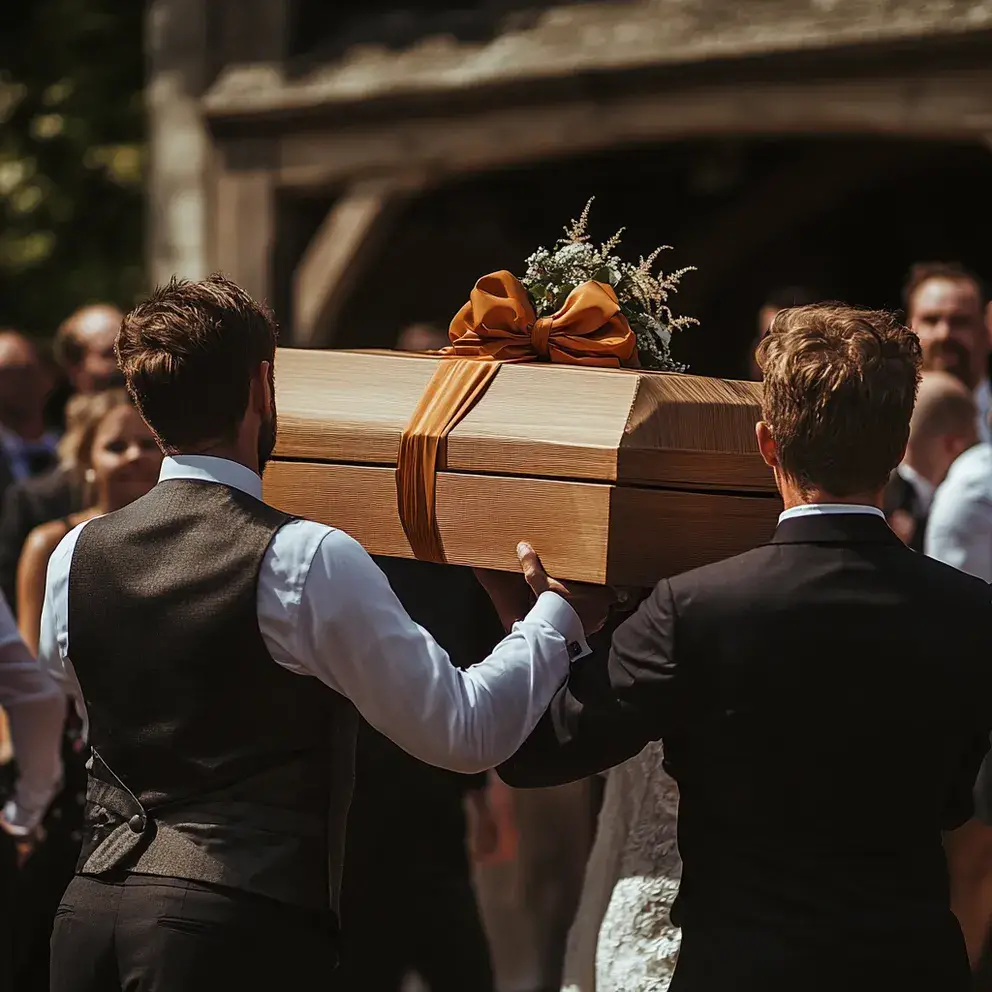 A coffin wrapped like a gift was brought out during our wedding ceremony—and I nearly passed out when it was opened.